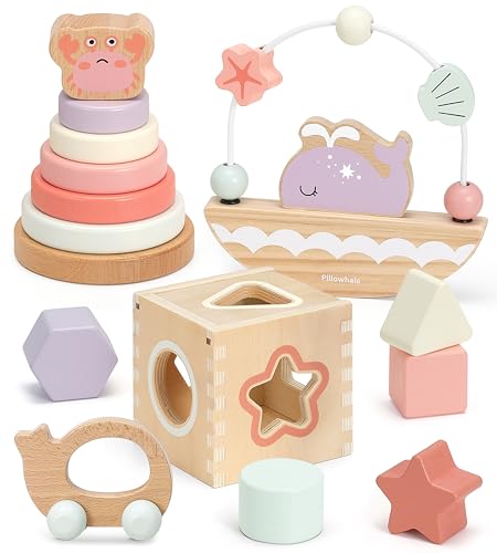 Pillowhale Montessori Spielzeug ab 1 Jahr, 4 In 1 Holzspielzeug Baby, Stapelturm Ringe, Formsortierer Spielzeug, Motorikschleife Mit Wippe, Holzautos Spielzeug, Motorikspielzeug Für Kinder Geschenk von Pillowhale