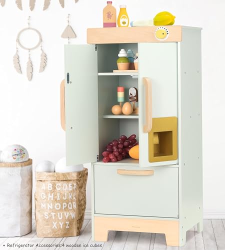 Pillowhale Kinder Kühlschrank Holz Spielzeug mit Eisspender Kinderküche Zubehör Spielzeug Spielkühlschrank für Kinder Rollenspiel Geschenk für Mädchen Jungen ab 3 Jahren Wooden Toy Refrigerator von Pillowhale