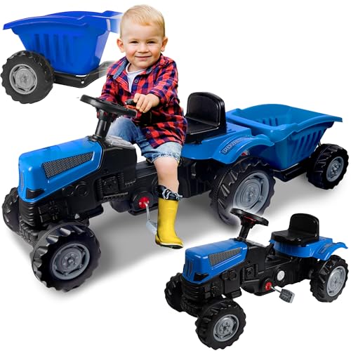 Pilsan Großer Tretfahrzeuge Pedal Bagger Traktor XXL Blau Kinderbagger bis 50kg Horn Verstellbarer Sattel von Pilsan