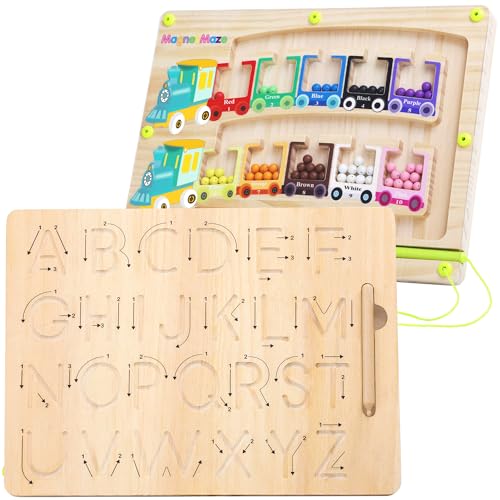 Magnetspiel Labyrinth Spielzeug Wooden Letter Tracing Board Doppelseitig Alphabet Montessori Schreiben Lernen&zur Feinmotorischen Entwicklung 3+Jahre Magnete Kinder Geschenk für Mädchen und Jungen von Pincush