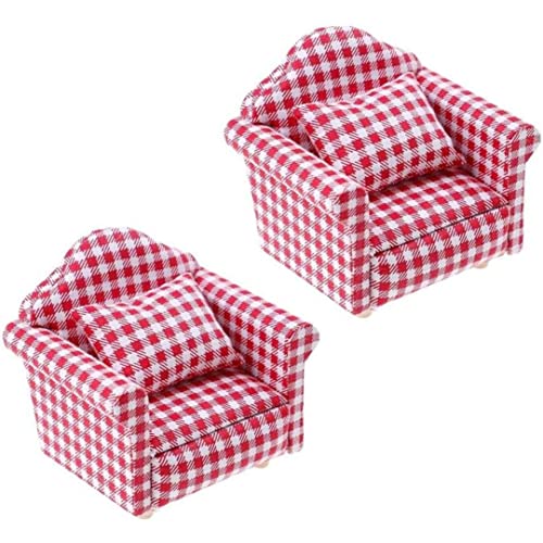 1:12 Skala DIY Dollhouse Sofa Sessel mit Kissen Mini -Puppen -Hausmöbel Couch & Stuhl Miniatur Holzmöbel handgefertigtes Handwerksmittel rot Karierte Puppenhaus Spielzeugpuppenhaus Accessoires rot 2 von Pineeseatile