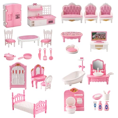 4 Sets Dollhouse Möbelset, realistische Plastikpuppenhausminiaturen umfassen Küchen, Schlafzimmer, Badezimmer und Wohnzimmer DIY -Kit, Puppenhauszubehör und Möbel für Kinder, Miniaturen von Pineeseatile