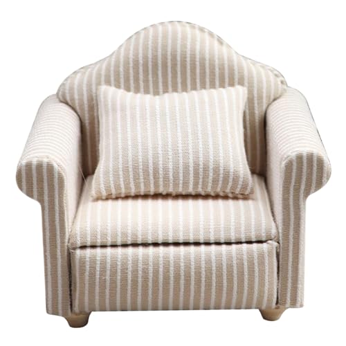 Dollhouse Couch 1/12 Miniatur Beige Stripe Dollhouse Stuhl mit dekorativem Wurfkissen Multifunktional Dollhouse Möbel für Dollhouse Wohnzimmer oder Schlafzimmer, Single Couch, Dollhouse Stuhl von Pineeseatile