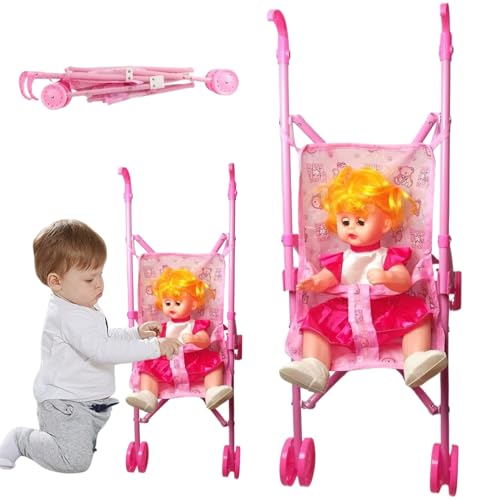 Faltbare Babypuppen-Kinderwagen mit Einer 13-Zoll-potenziellen Puppe, niedlichen großen Augen und T-förmigen Sicherheitsgürteln, Kutsche mit Schubgriff für Kleinkinder-Mädchen, tun Sie das Spielzeug von Pineeseatile