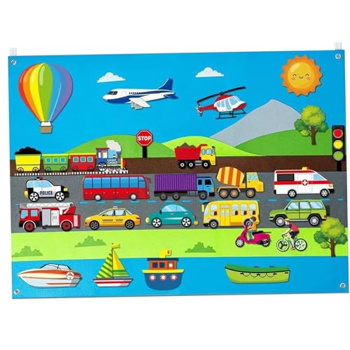 Filzboard für Kleinkinder City Theme Woll Felt Board Story Set mit Autos, Flugzeugen, Schiffen und tragbarerem interaktives Filzboard für Kinderpädagogikspielzeug, Filz Board von Pineeseatile