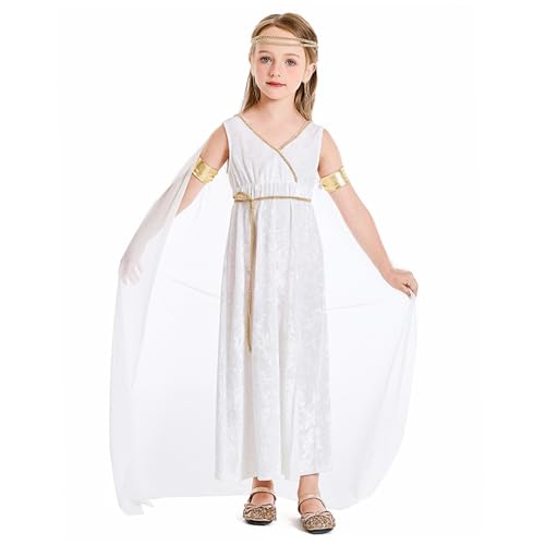 Griechische Göttin Kostüm für Kinder, Polyester weiße griechische Göttin Kleid Athena Toga Römische Kleid Halloween Kostüme Cosplay Grecian Up Outfit Set l von Pineeseatile