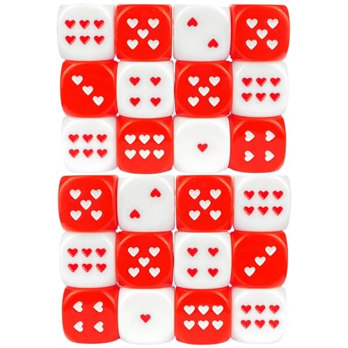 Herzwürfel 24pcs 1x1x1 Rot-Weiß-Würfel mit herzförmigem Punkt für Jede Seite tragbarer und leichtes Acrylwürfel für Brettspiele, Partyspiele, Würfelset von Pineeseatile