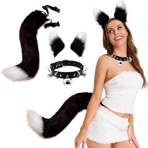 Katzenohren und Schwanz -Fuchsohren und Schwanzset mit Lederhalshalshärte, weiche Fluzzy -Fuchsohren, verstellbarer Fuchsschwanz, realistisches pelziges Kostüm für Halloween -Cosplay -Party von Pineeseatile