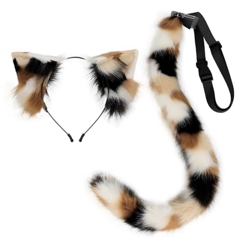 Katzenohren und Schwanz -Set realistisches Kunsttierhaar -Halloween -Kostüme unsichtbarer Ohrstirnband und einstellbares Long Tail -Katzenkostüm für Halloween, pelziges Cosplay, Party, Style 2 Hallow von Pineeseatile