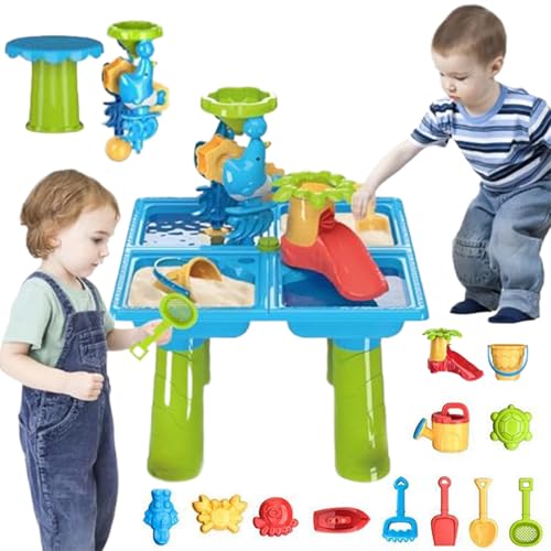 Kleinkind Wassertisch Set farbenfrohe interaktive Strandtisch im Freien mit 9 Stcs Spielzeugformen 4 Fächer PP Hinterhof Sommersensor für Kinder (17x17x22 in), Kinderwasser, Kids Water von Pineeseatile