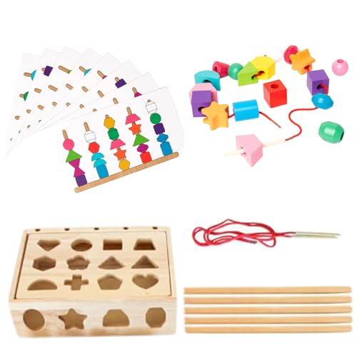 Montessori Holzperlen Sequenzierung Spielzeug Set 4 in 1 Bildungsspielzeug für Sequenzierung, Formsortierung, Stapel und Schnürung Perlen Glatte farbenfrohe hölzerne Vorschulenspielzeuggeschenke für von Pineeseatile