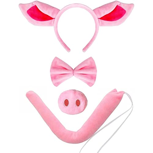 Pig Head Hoop Requisiten Schwein Kostüm Set Schwein Ohren Stirnbandnase und Schwanz Bowtie Party Cosplay Halloween Accessoires (Pink) von Pineeseatile