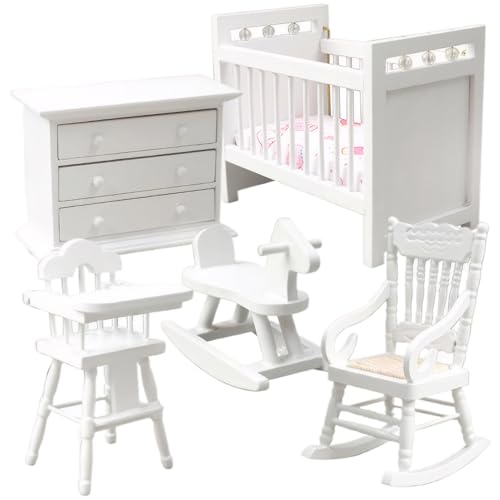 Pineeseatile 1 12 Skala Dollhouse Möbelset, Holzminiaturmöbel umfassen Babybett, Schaukelpferd, Stuhl, Schrank Baby Schlafzimmer Puppenhauszubehör, weiß, 1 12 Skala von Pineeseatile