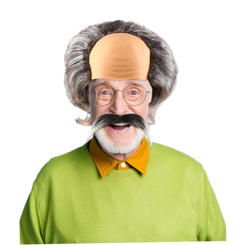 Pineeseatile 1PCS BALD CAP ALTES MAN Kostüm Halloween Kostüme alter Mann Perücke und gefälschter Bart Old Man Kostüm kahle Perücke Kappe von Pineeseatile