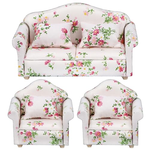 Pineeseatile 3pcs 1:12 Puppenhausmöbel, Blumenmuster -Sofa & Sessel -Set mit Kissen, hölzernen Wohnzimmerzubehör für Dollhouse, Miniatur -Couch Set von Pineeseatile