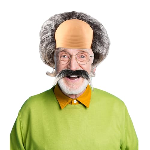 Pineeseatile Bald Cap Old Man Kostüm Halloween Kostüme alter Mann Perücke und gefälschter Bart Old Man Kostüm Bald Perücke Kappe von Pineeseatile