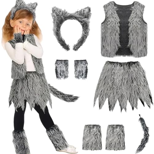 Pineeseatile Cosplay -Kostüme, 1 Set Wolf Kostüm, Werwolf Kostüm -Set umfasst Wolf Ohr, Schwanz, Tops, Röcke, Handschuhe und Bein wärmere Kleider -Werwolf -Kostümzubehör für Kids Cosplay Party von Pineeseatile