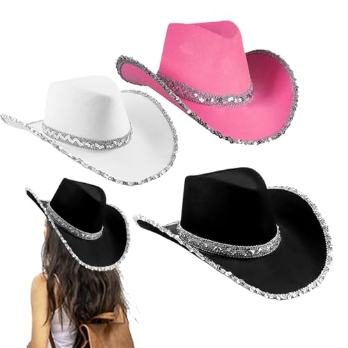 Pineeseatile Cowboyhut für Frauen Männer, 3pcs Cowgirl -Hut mit Paillettenkante, Damen Cowboyhut mit verstellbarem Riemen, westlicher Hut für Junggesellenparty, Kostümac Accessoires Cowgirl Hut von Pineeseatile