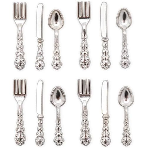 Dollhouse Kitchen -Zubehör 1/12 Skala Puppenhaus Miniatur -Bestecksetgabel Spoon Silberwaren Puppenhaus Küchenzubehör, Silber 12pcs von Pineeseatile