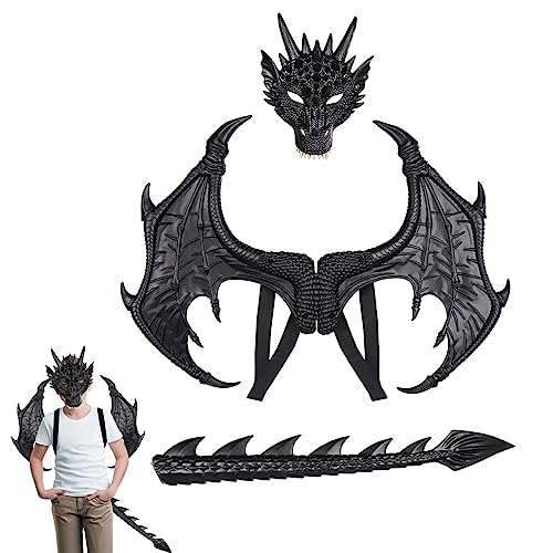 Pineeseatile Dragon Mask Dragon Kostüm Kids Dragon Cosplay Dress Up Dinosaurier Schwanz mit Maske für Jungen Mädchen 3pcs Schwarz von Pineeseatile