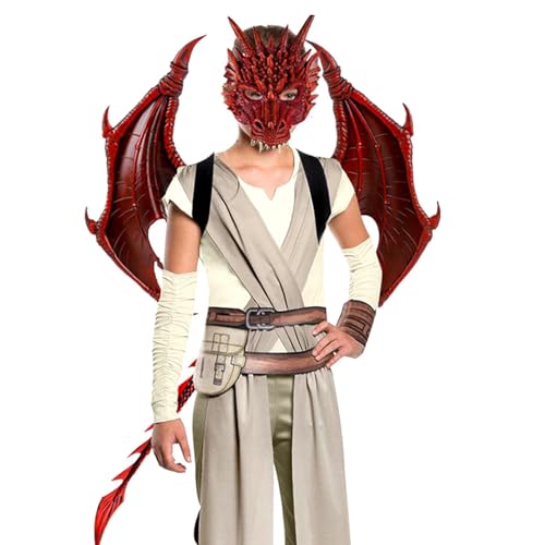 Pineeseatile Dragon Mask Kids Halloween Dragon Set Gesichtsabdeckungen Schwanz Cosplay Kostüm Foto Requisiten Red 3pcs von Pineeseatile