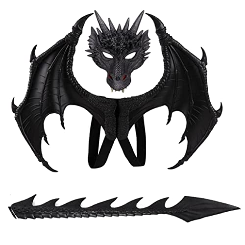 Pineeseatile Dragon Mask Kids Halloween Dragon Set Gesichtsabdeckungen Schwanz Cosplay Kostüm Foto Requisiten Schwarze 3pcs von Pineeseatile