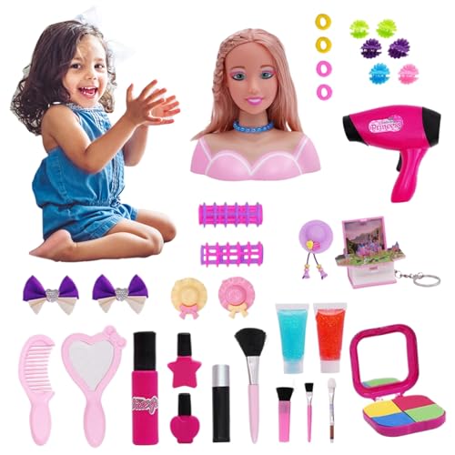 Pineeseatile Friseurpuppenkopf für Mädchen 33pcs Styling -Kopfpuppe für Kinder mit Haartrocknerzubehör, Kinder Friseur Set Deluxe Make -up tun Playset Styling Head Doll Frisur Spielzeug von Pineeseatile