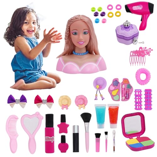 Pineeseatile Friseurpuppenkopf für Mädchen 40pcs Styling -Kopfpuppe für Kinder mit Haartrocknerzubehör, Kinder Friseur Set Deluxe Make -up tun Playset Styling Head Doll Frisur Spielzeug von Pineeseatile