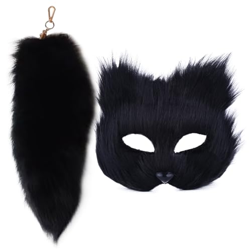 Pineeseatile Fuchsmaske, Katzenmaske und Therian Tail Set Pelry Fox Maske ＆ 16 '' Langer Fuchs -Schwanz -Schlüsselbund Halbgesicht Masquerade Maske für Cosplay Fancy Party Schwarz von Pineeseatile