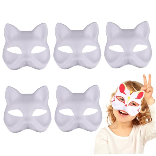 Pineeseatile Katzenmaske, Therian Maske, 5pcs weiße Katzenmasken Blank DIY Halloween Mask Animal Halb Facemass Masquerade Cosplay Party mit Elastic Band für Cosplay Party 7.1x6.7 von Pineeseatile