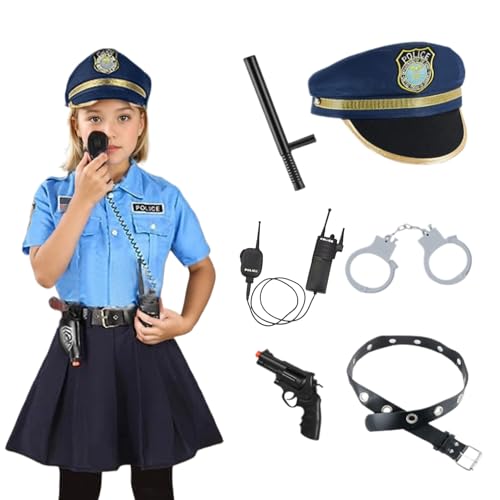 Pineeseatile Kinderpolizeikostüm Kids Police Officer Kostüm für Mädchen Polizeiuniform Rock Set Cop Uniform mit Spielzeugzubehör Girls Cosplay -Outfit Dress Up Halloween Kostüm für Kinder l von Pineeseatile