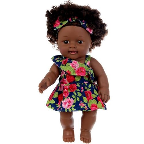 Pineeseatile Schwarze Babypuppen, 12 Zoll Amerikaner Afrikaner realistischer Babypuppe mit Kleid, beweglicher Gelenk und lockiger Haar von Pineeseatile