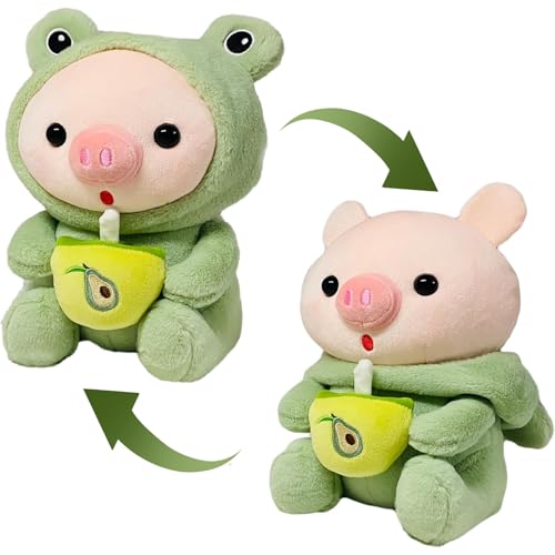 Pineeseatile Schwein gefülltes Tier 9.8 '' süßes Ferkel Stofftier Trinken Milch Tee Weiches Schweinplüschspielzeug mit abnehmbaren Froschkleidung für Kinderliebhaber, Ferkel von Pineeseatile