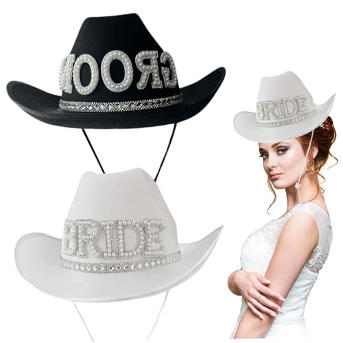 Pineeseatile Weißer Cowboyhut, 2pcs leuchtende Braut ＆ Bräutigambrief Cowgirl Hut, Braut Cowboy mit verstellbarem Riemen, Cowgirl -Kostüm für Hochzeitsfeiern Kostüm Rollenspiel Cosplay von Pineeseatile