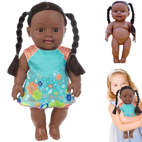 Schwarze Babypuppen, 12 Zoll Amerikaner Afrikaner realistischer Babypuppe mit Kleid, beweglicher Gelenk und doppelter Pferdeschwanzgeflecht dunkle Hautpuppe für Kindergeschenke, Blau, Schwarz von Pineeseatile