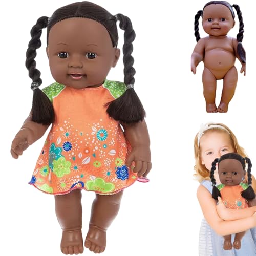 Schwarze Babypuppen, 12 Zoll Amerikaner Afrikaner realistischer Babypuppen mit Kleid, beweglicher Gelenk und doppelter Pferdeschwanzgeflecht dunkle Hautpuppe für Kindergeschenke, Orange, Schwarz von Pineeseatile