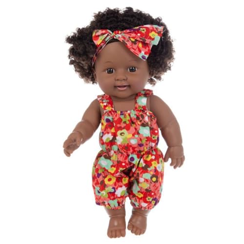 Schwarze Babypuppen, 12 Zoll bewegliche Joint African American Babypuppe, realistische Babypuppe mit lockigem Haar und tragbare Kleidung für Kindergeschenke, rotes, realistisches Babypuppen Mädchen S von Pineeseatile