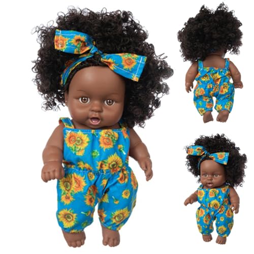 Schwarze Babypuppen, 8 Zoll Amerikaner Afrikaner realistischer Babypuppen mit Kleidung und Haarband, bewegliche Gelenk lockige Haare Waschbare dunkle Hautpuppe für Kindergeschenke, Blau, Schwarz von Pineeseatile