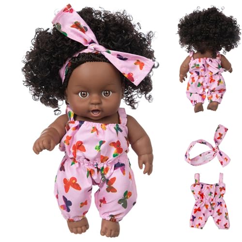 Schwarze Babypuppen, 8 Zoll Amerikaner Afrikaner realistischer Babypuppen mit Kleidung und Haarband, bewegliche Gelenk lockige Haare Waschbare dunkle Hautpuppe für Kindergeschenke, Stil 1, Schwarz von Pineeseatile