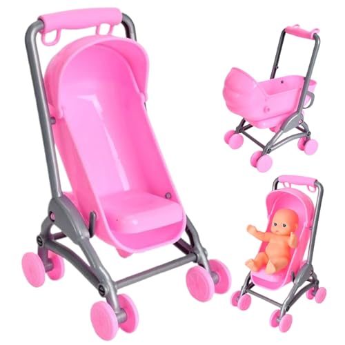 Spielzeugwagen, 7,5 x 4,3 x 4 Portable Doll Pram Dollhouse Miniaturen, reibungsmittelkantiges Baby Kinderwagen Plastik Dollhouse Möbel Kinderzimmer Puppenhauszubehör, Puppenhaus Miniaturen von Pineeseatile