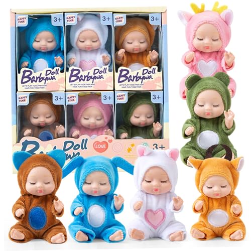 Tiny Babypuppen -Mini -Babypuppen, 6pcs 4,3 Zoll winzige Babypuppe, Möglichkeiten realistischer Babypuppen mit tierischen Kleidung, süße kleine Babypuppe für Kleinkinder Girls Kids 3+, Geburtstagsges von Pineeseatile