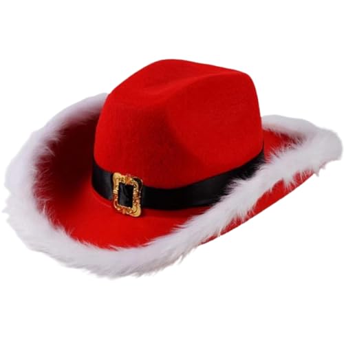 Weihnachtsmut Weihnachtshut Funny Cowboy Santa Hut mit gebogenen Kanten und weißen pelzigen Rändern Weihnachtsmann Cowboy Hut mit Kinngurt Einen Größe Western Weihnachtshut für Cosplay, Weihnachtskos von Pineeseatile