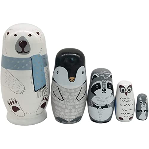 Weißer Big Bear Nistpuppe hölzerne russische Nistpuppen, 5pcs / set niedliche matryoshka polar Bären Penguin -Owl -Puppen, pädagogische Lernen Kinderspielzeug für Geburtstag, Weihnachten, G von Pineeseatile