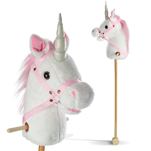 Pink Papaya Steckenpferd Einhorn, Mandy süßes Spielzeug Einhorn aus Plüsch mit Sound Funktion: Gewieher und Galoppgeräusch - Farbe: weiß mit rosa Mähne von Pink Papaya