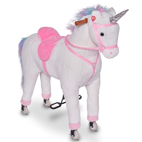 Pink Papaya XXL Reitpferd auf Rollen Einhorn Rainbow, 90cm Spielpferd, fahrendes Schaukelpferd bis 80kg belastbar, Spielzeug Plüsch Pferd zum Drauf sitzen mit Sounds von Pink Papaya