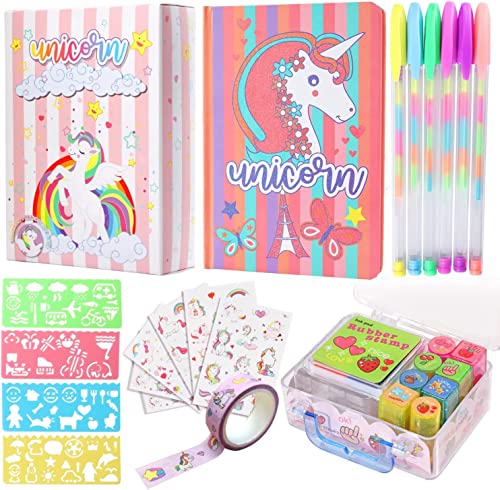 Einhorn-Tagebuch für Mädchen Einhorn-Briefpapier-Set, Notizbuch, Stift, Aufkleber, Mini-Stempel-Set, Zeichnung Schablonen, Einhorn-Journal-Geschenk für Zeichnung Schreiben für Kinder im Alter von 4-12 von PinkSheep