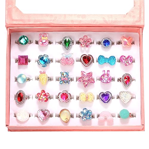 PinkSheep Juwelenringe für kleine Mädchen im Kasten, Mädchen verstellbar Jewel Spiel- und Anziehringe (30PC blingbling) von PinkSheep