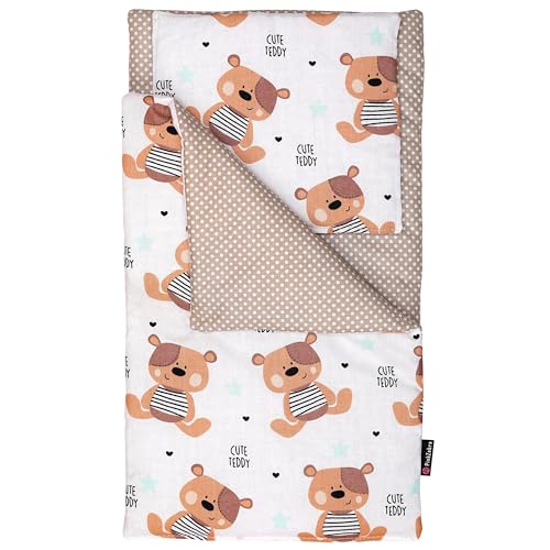 PinkZebra Bettwäsche 3-teiliger Set für Puppen, Puppenbettwäsche für Puppenbett mit Matratze, Puppenbettzeug beidseitig, aus Baumwolle, Cute Teddy von PinkZebra