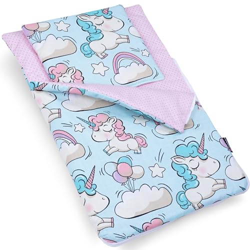 PinkZebra Puppenschlafsack 2-teiliger Set für Puppen, Puppenschlafsack mit Kissen für Puppenbett, Puppenbettzeug beidseitig, aus Baumwolle, Einhorn von PinkZebra