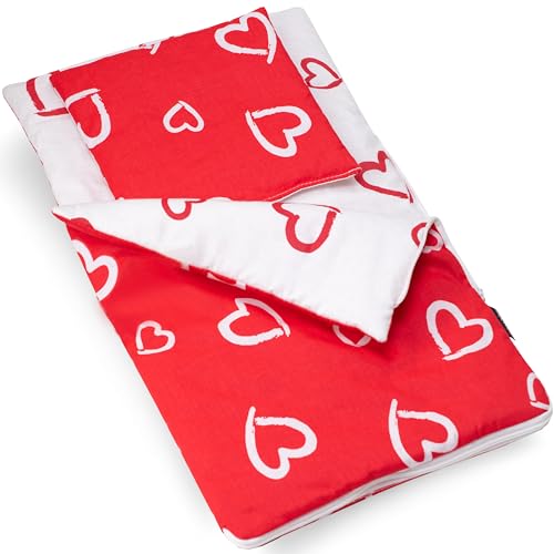 PinkZebra Puppenschlafsack 2-teiliger Set für Puppen, Puppenschlafsack mit Kissen für Puppenbett,e, Puppenbettzeug beidseitig, aus Baumwolle, Herzchen Rot von PinkZebra